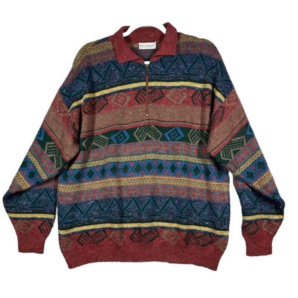 Vintage Piccadilly Sweater Mens XL Tall Black Geometric‎ Colorful Grandpa Y2K